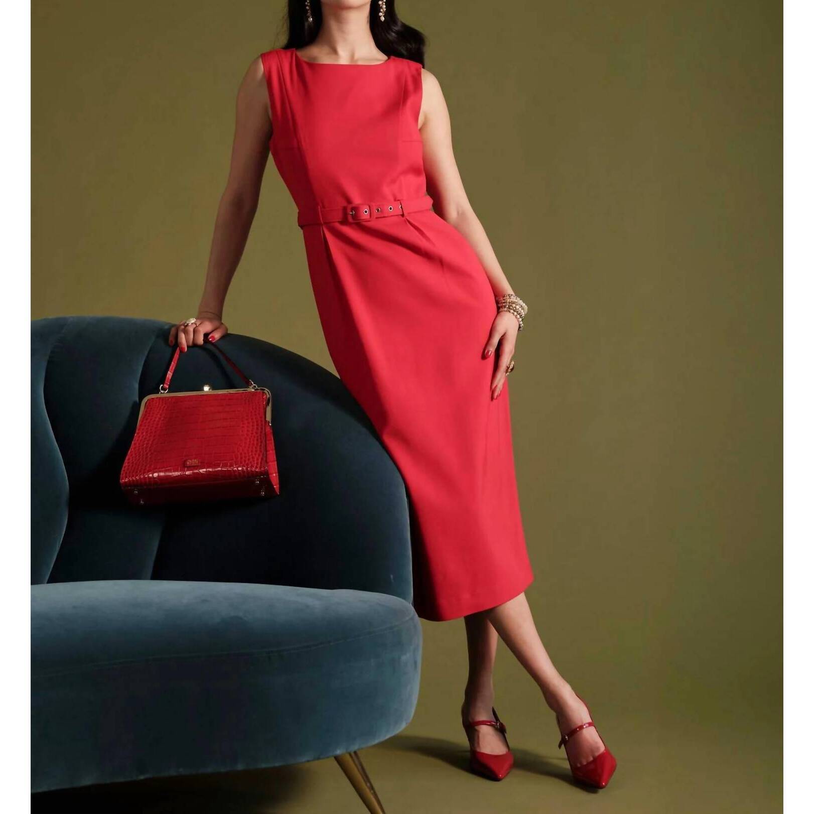 New Frances Valentine Audrey Belted Midi Dress In Red